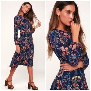 I. Madeline Garden Splendor Floral Print Long Sleeve Midi Dress